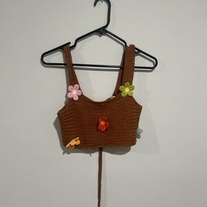 Brown Crochet Matching Set with Floral Accents